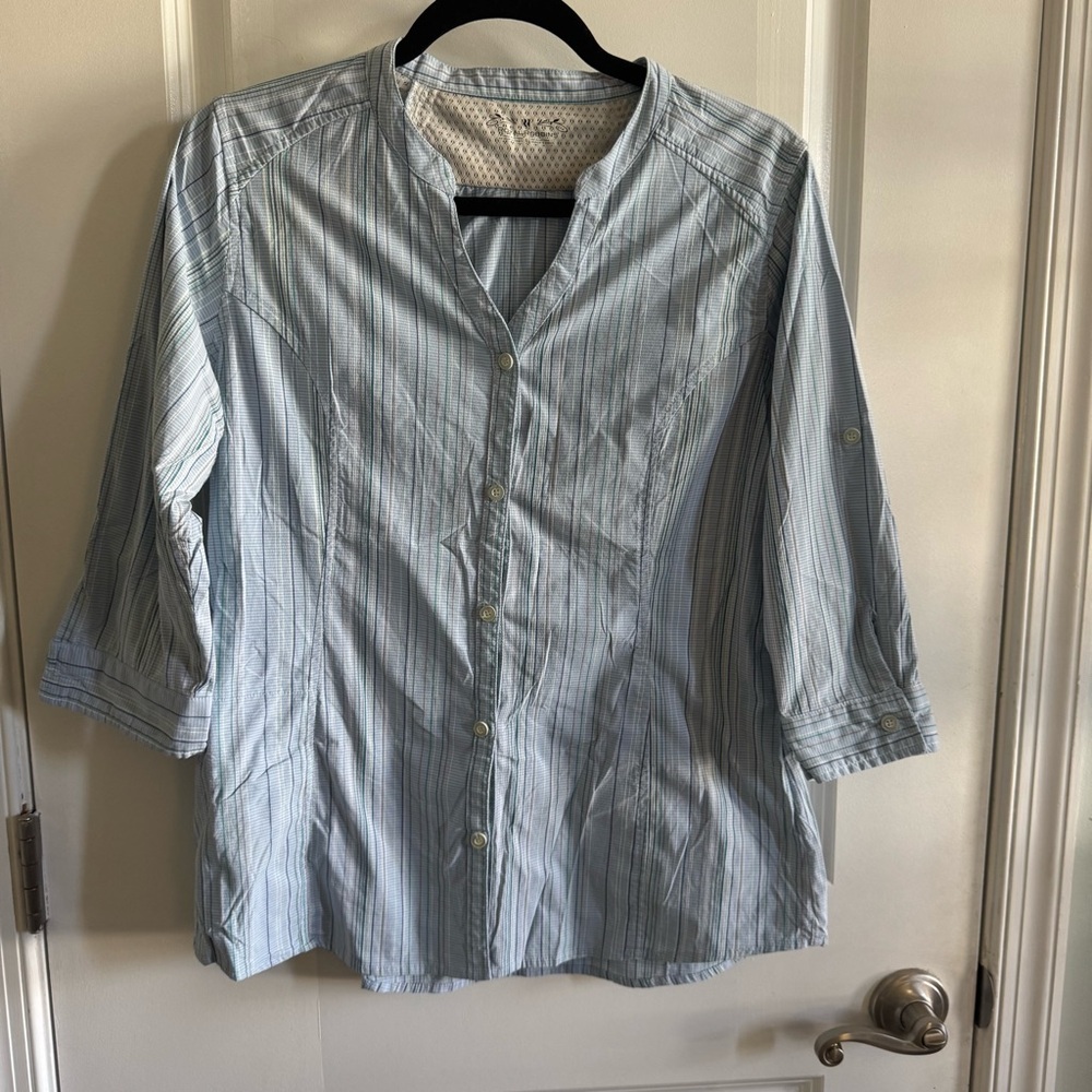Royal Robbin’s | Light Blue Multi Striped 3/4 sleeve Adventure Shirt Women’s L